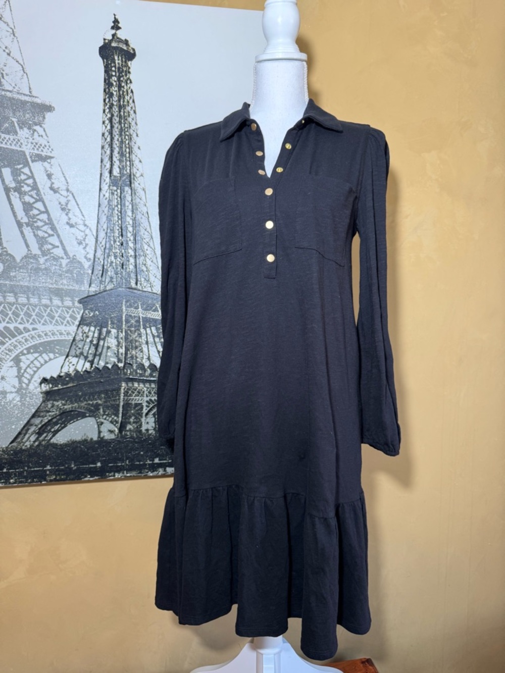 LOFT Black Long-Sleeve Button Polo  Style Dress with Ruffle Hem New with Tags